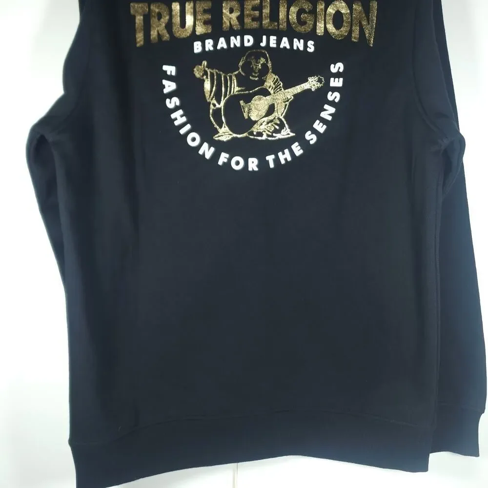 True Religion Men's Sz M Black Metallic Buddha Logo Long Sleeve Full Zip Hoodie